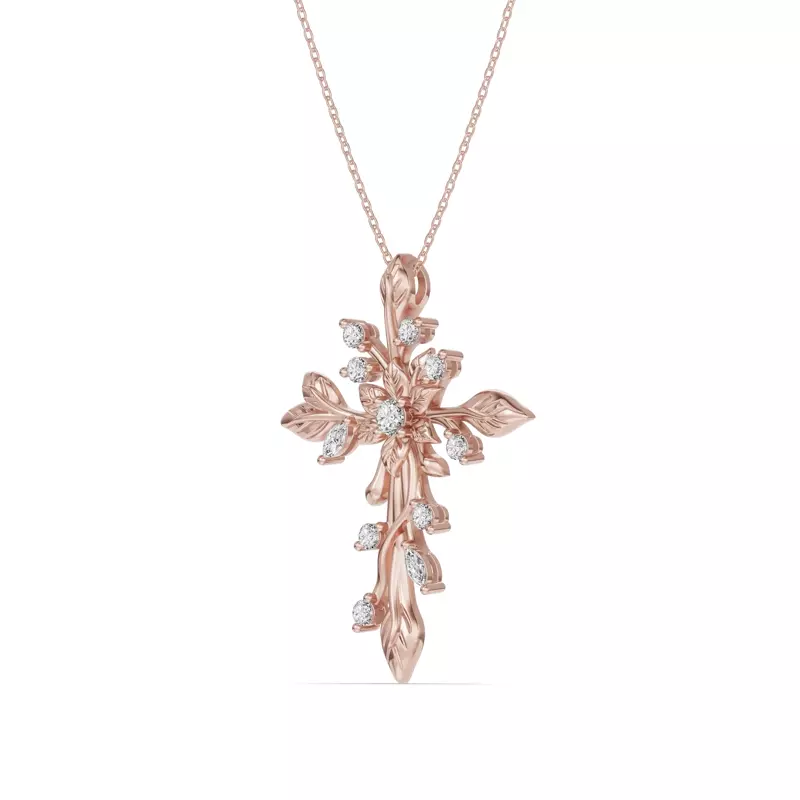 14K Rose Gold Flora Cross Diamond Pendant