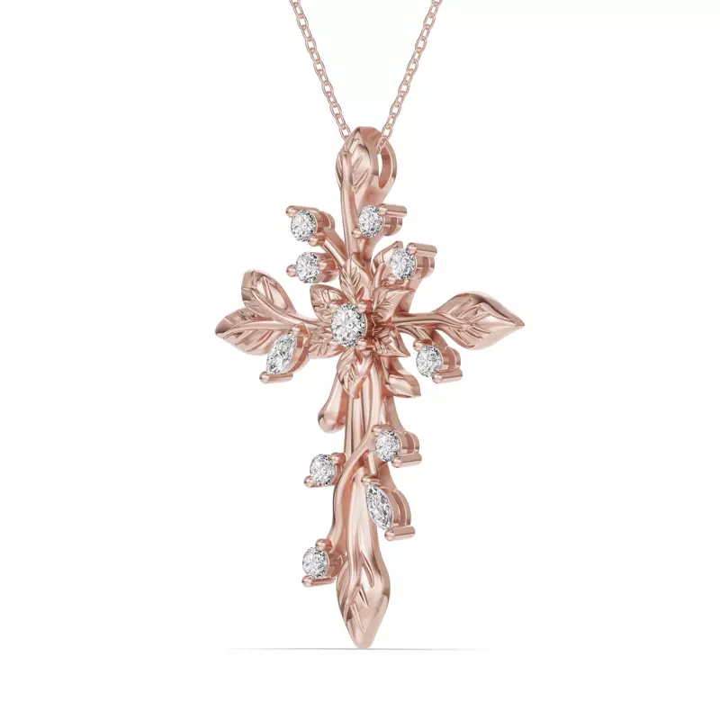 14K Rose Gold Flora Cross Diamond Pendant