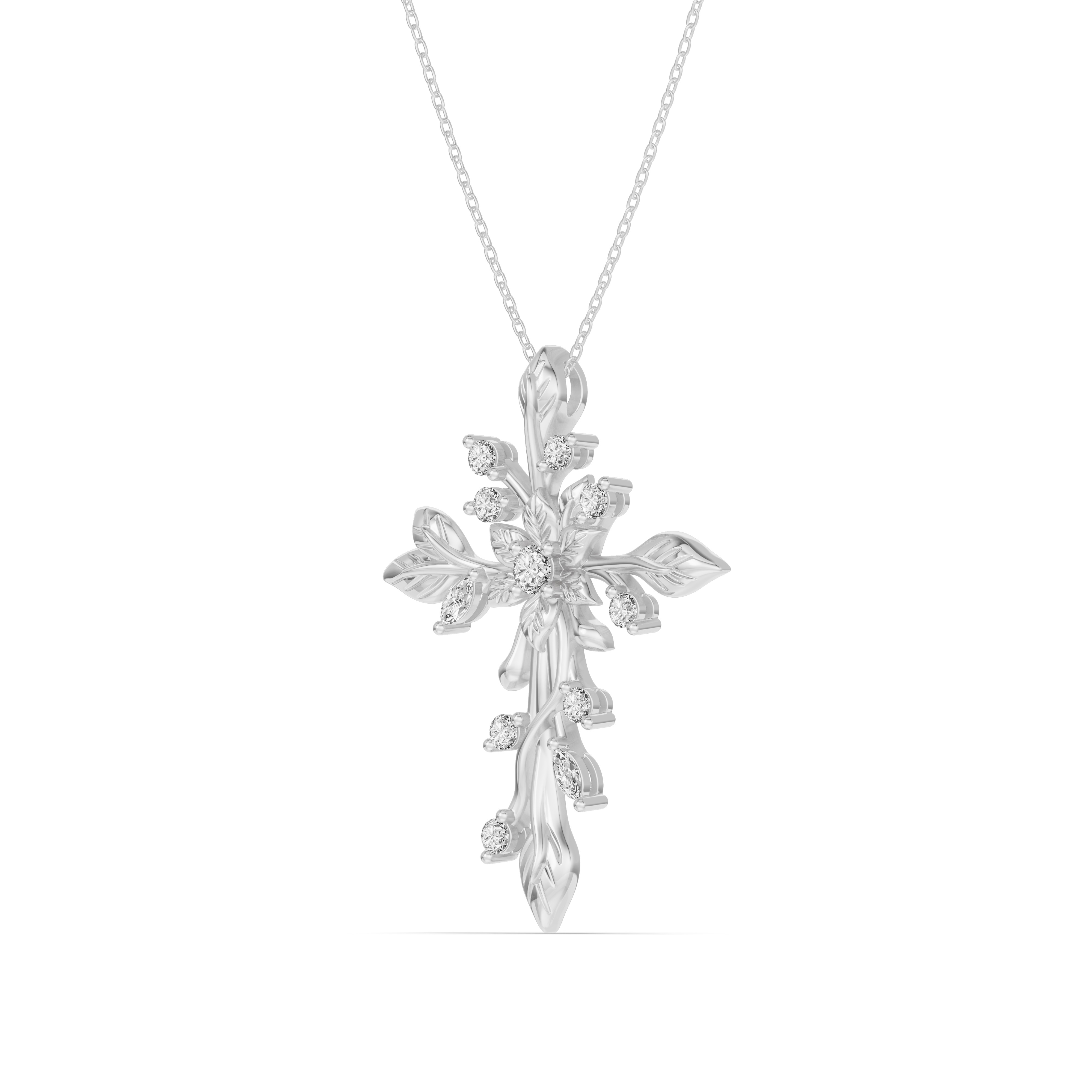 18K White Gold Flora Cross Lab Diamond Pendant