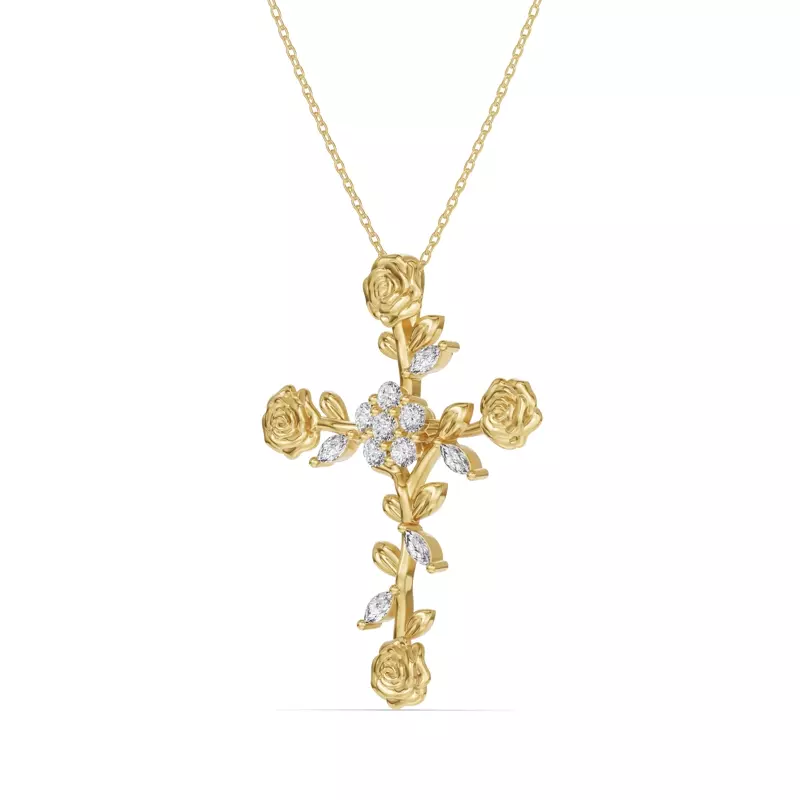 14K Yellow Gold Rose Stem Cross Diamond Pendant