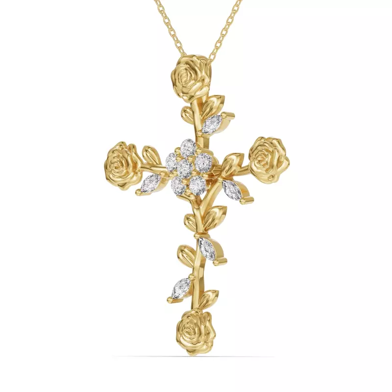 14K Yellow Gold Rose Stem Cross Diamond Pendant