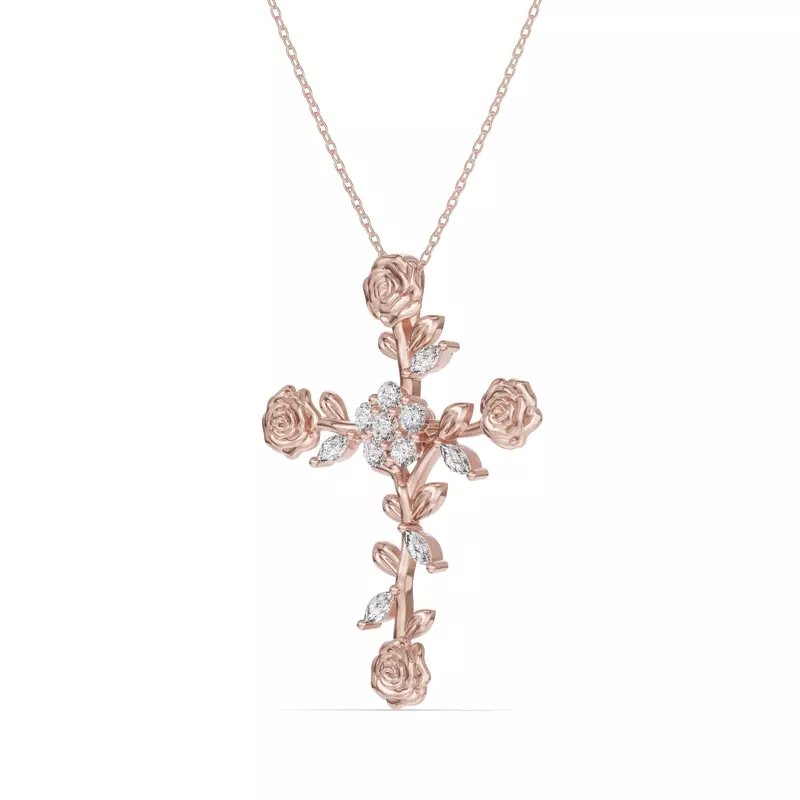 18K Rose Gold Rose Stem Cross Diamond Pendant