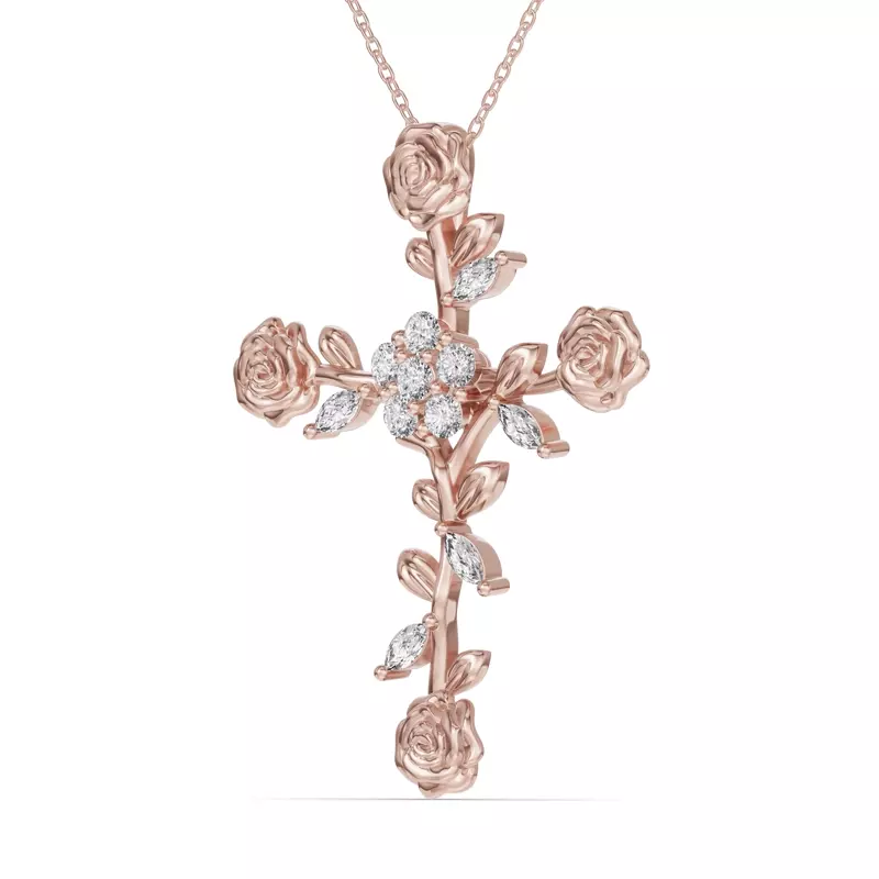 18K Rose Gold Rose Stem Cross Diamond Pendant