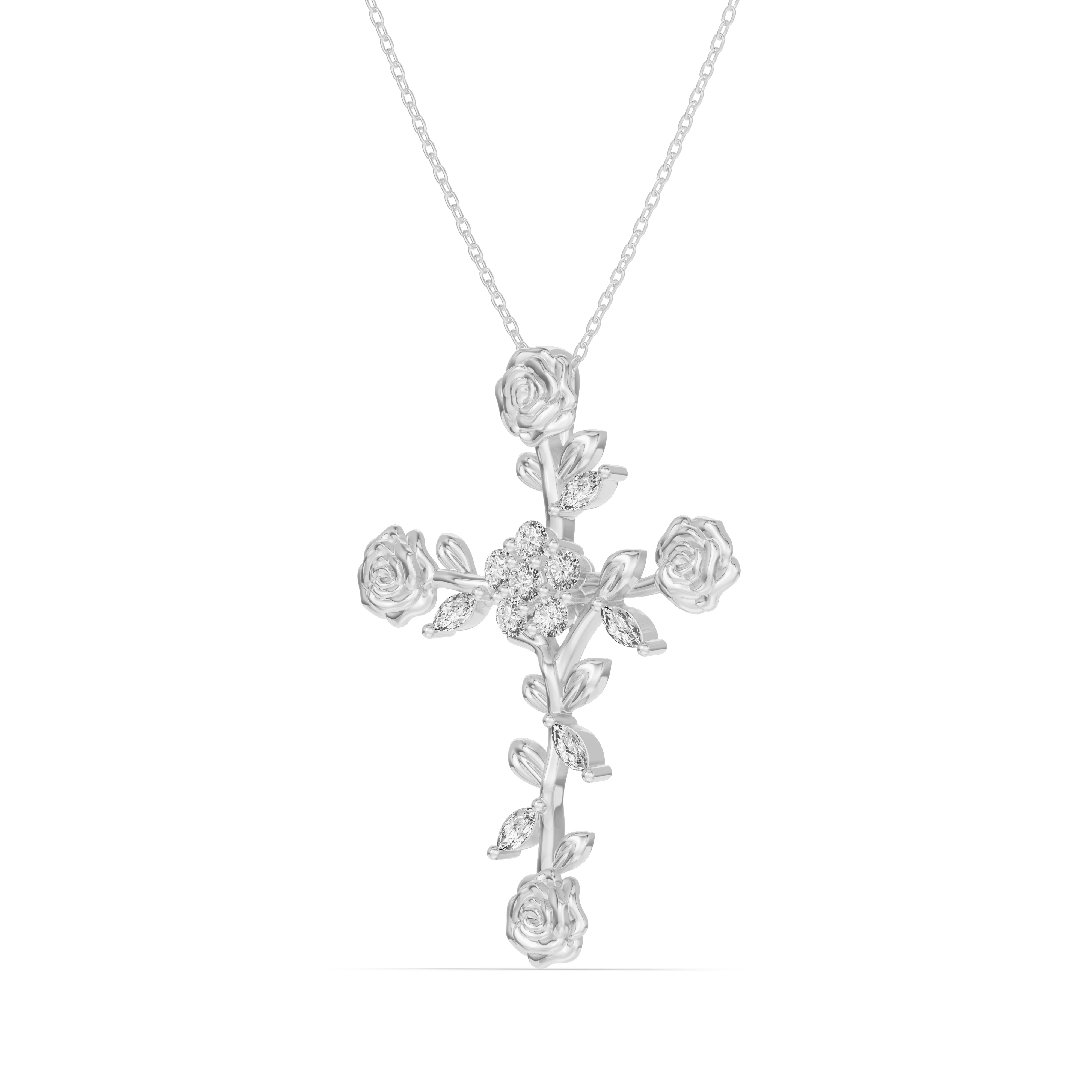 18K White Gold Rose Stem Cross Diamond Pendant