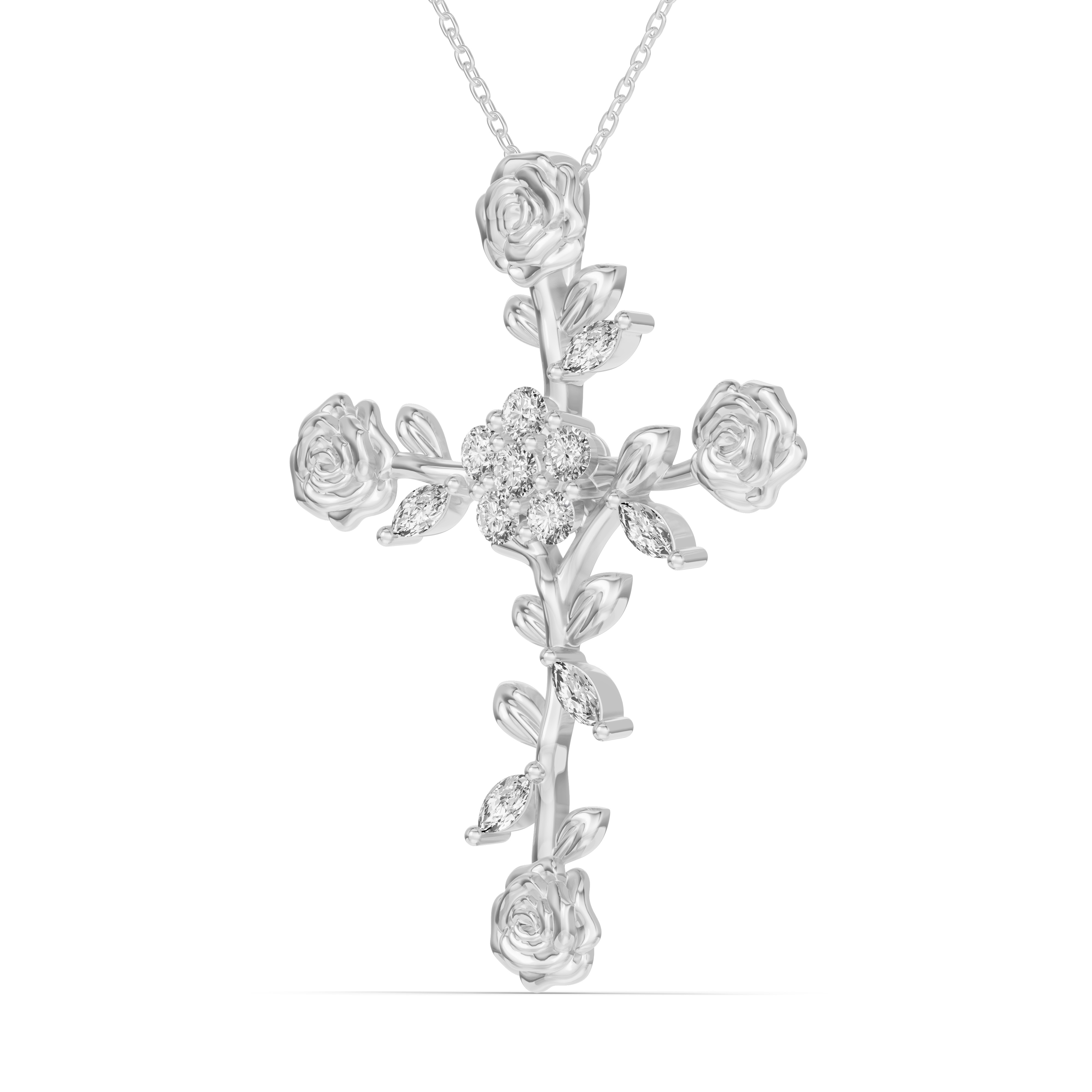 18K White Gold Rose Stem Cross Diamond Pendant