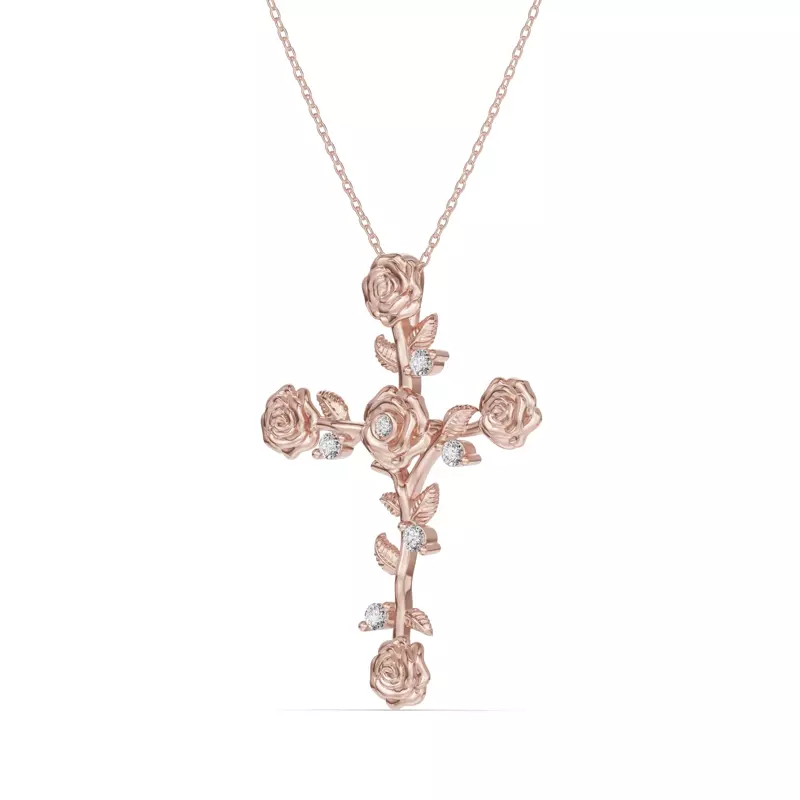 14K Rose Gold Garden Rose Cross Lab Diamond Pendant