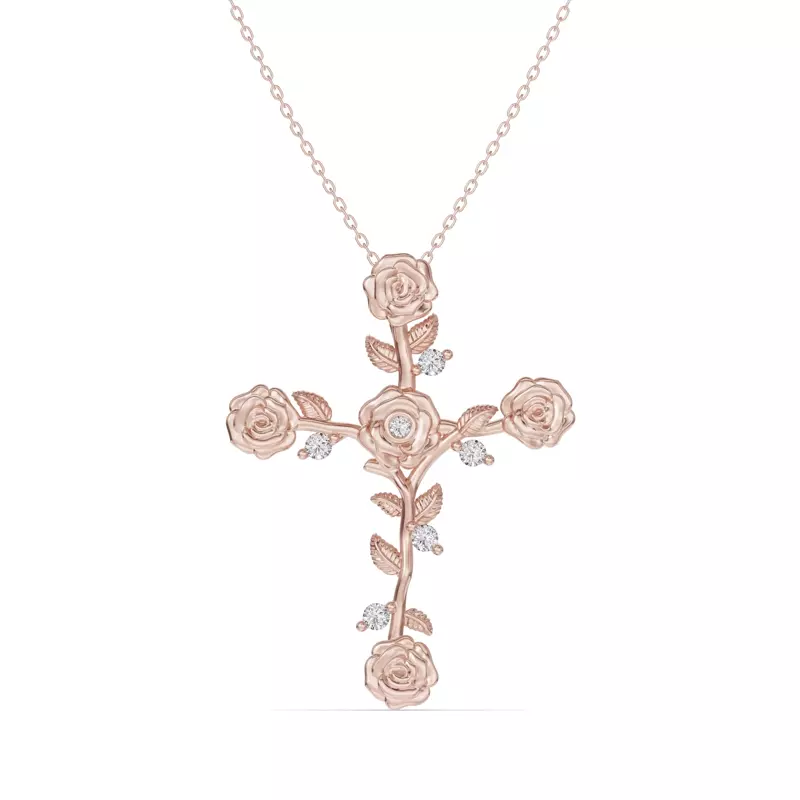 14K Rose Gold Garden Rose Cross Diamond Pendant