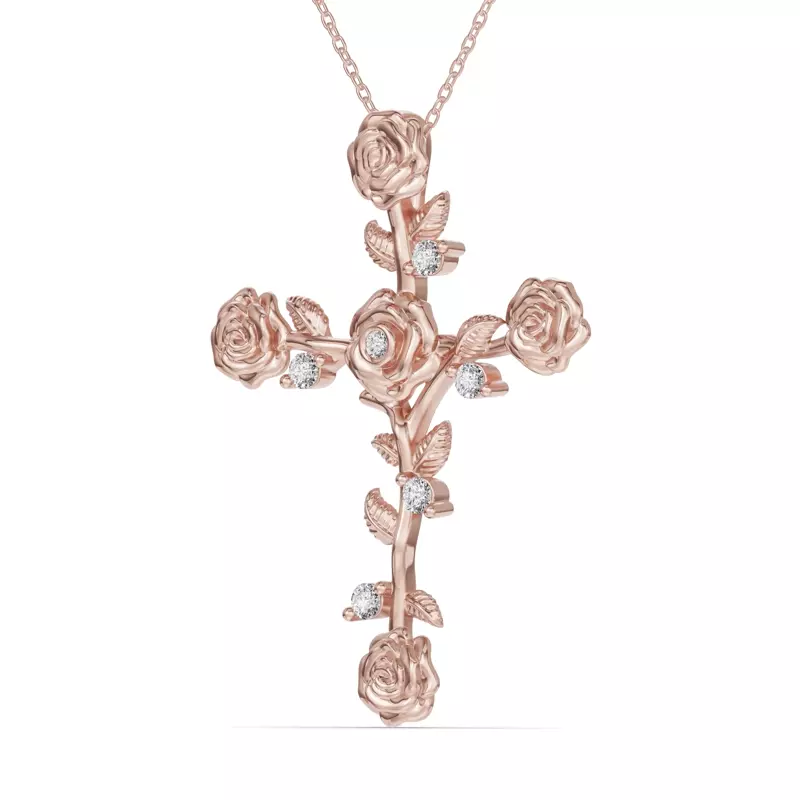14K Rose Gold Garden Rose Cross Diamond Pendant