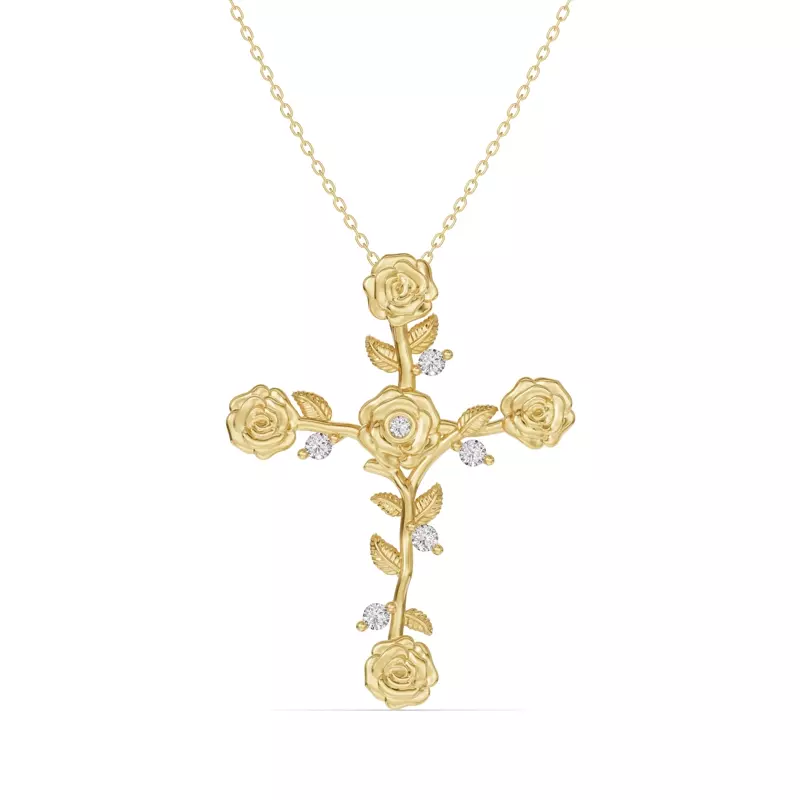14K Yellow Gold Garden Rose Cross Lab Diamond Pendant