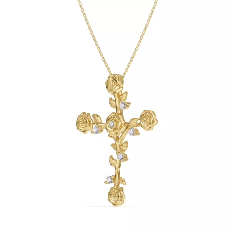 14K Yellow Gold Garden Rose Cross Lab Diamond Pendant