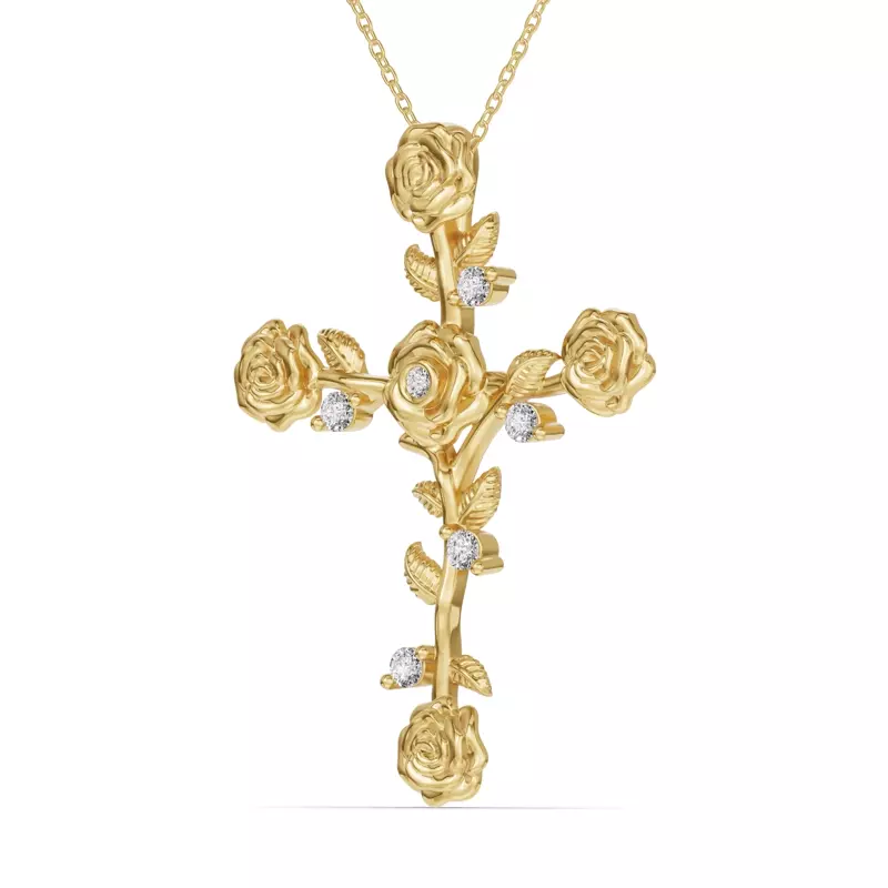 14K Yellow Gold Garden Rose Cross Lab Diamond Pendant
