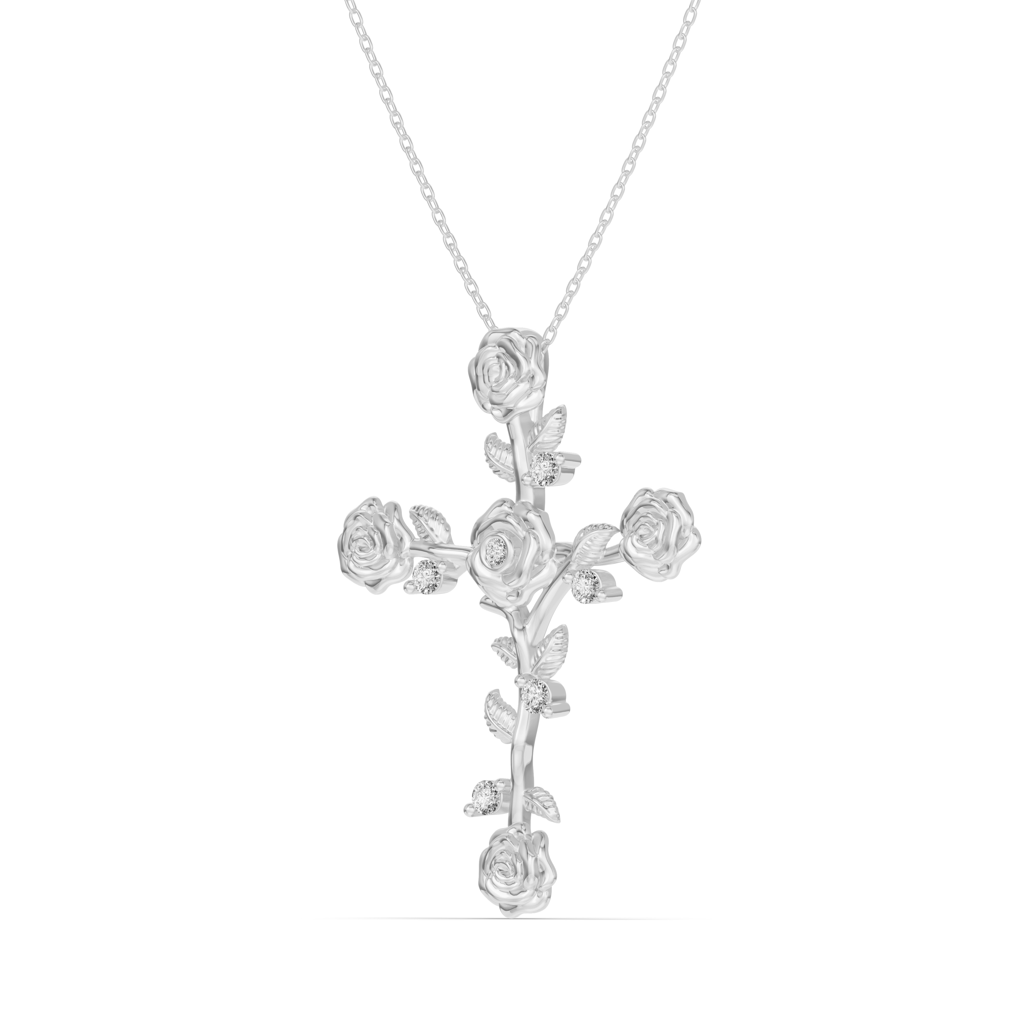 18K White Gold Garden Rose Cross Lab Diamond Pendant