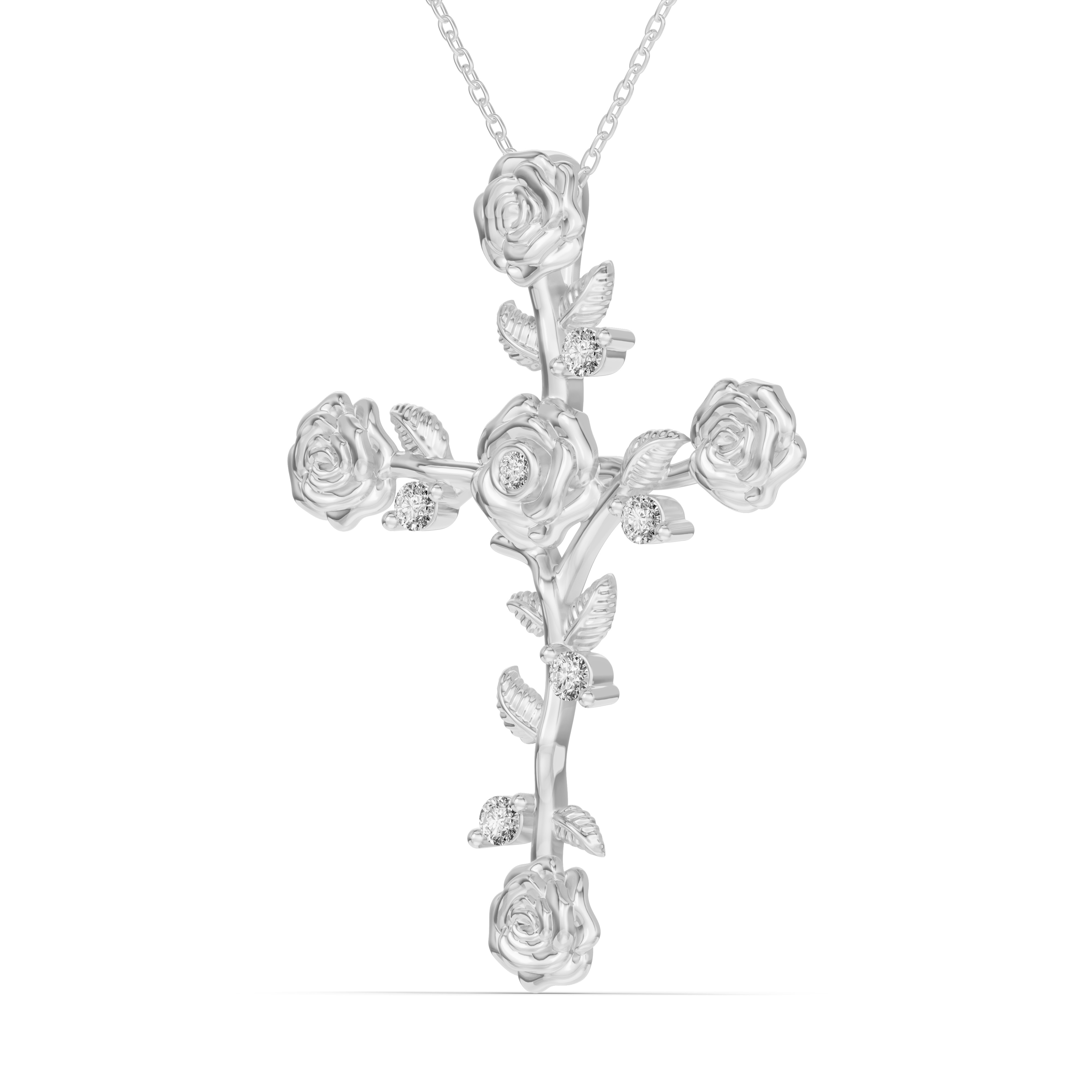 18K White Gold Garden Rose Cross Lab Diamond Pendant