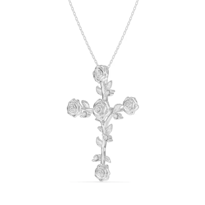 Platinum Garden Rose Cross Diamond Pendant