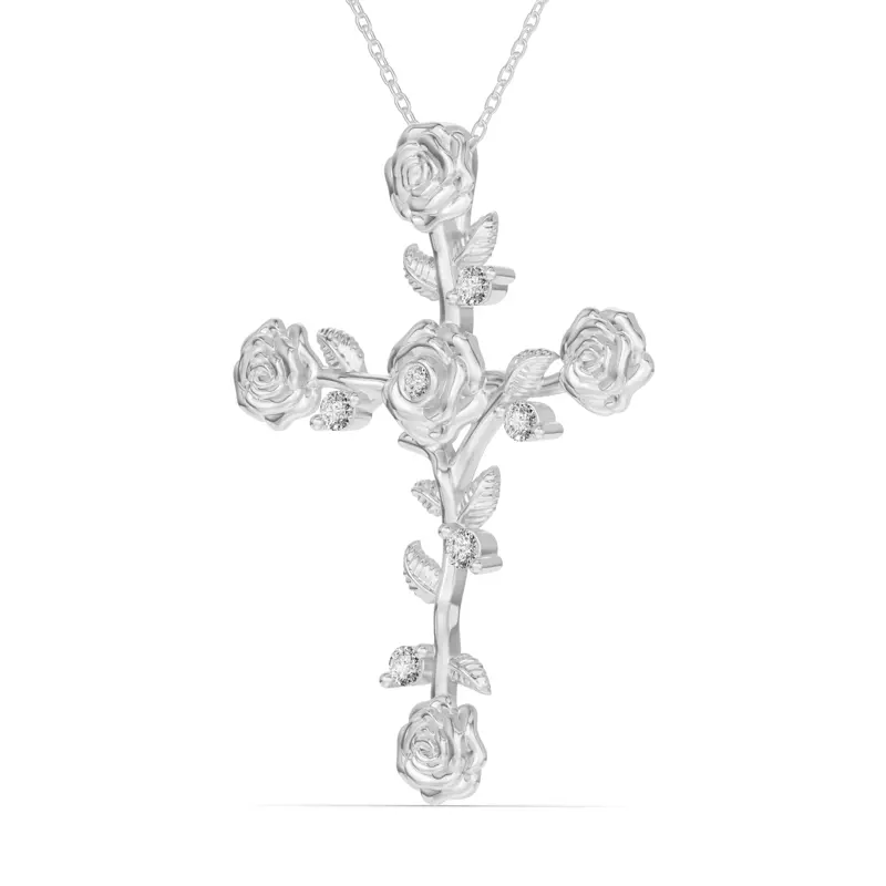 Platinum Garden Rose Cross Diamond Pendant