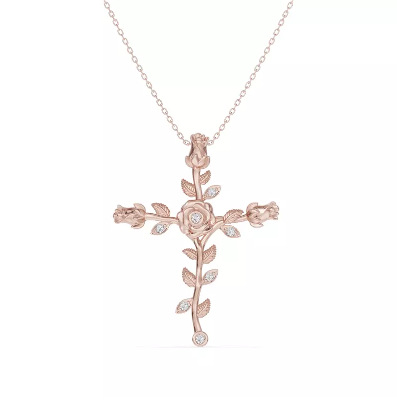 14K Rose Gold Rosebud Cross Diamond Pendant