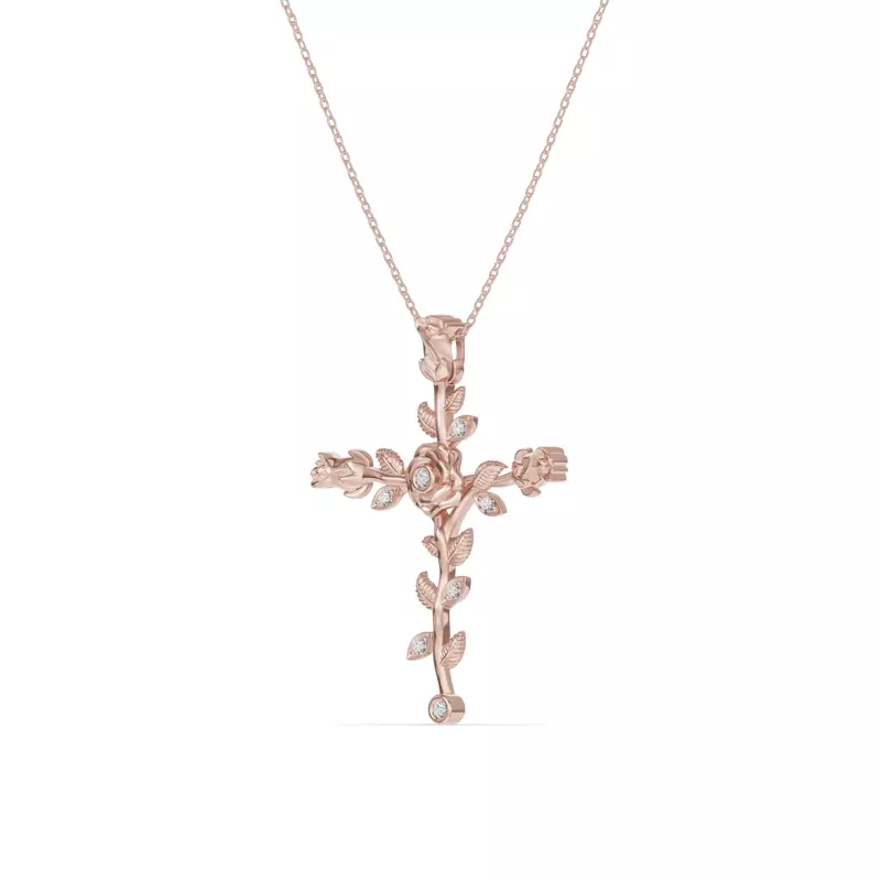 14K Rose Gold Rosebud Cross Diamond Pendant