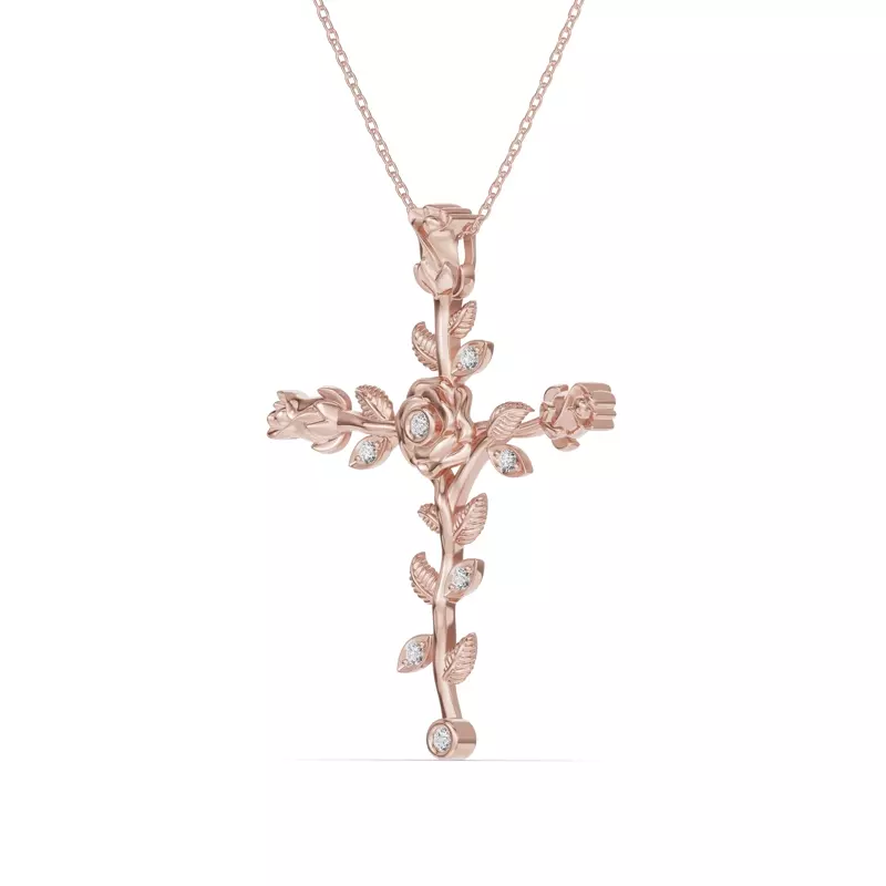 14K Rose Gold Rosebud Cross Diamond Pendant