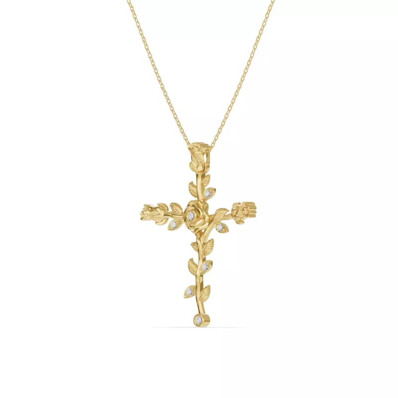 14K Yellow Gold Rosebud Cross Diamond Pendant