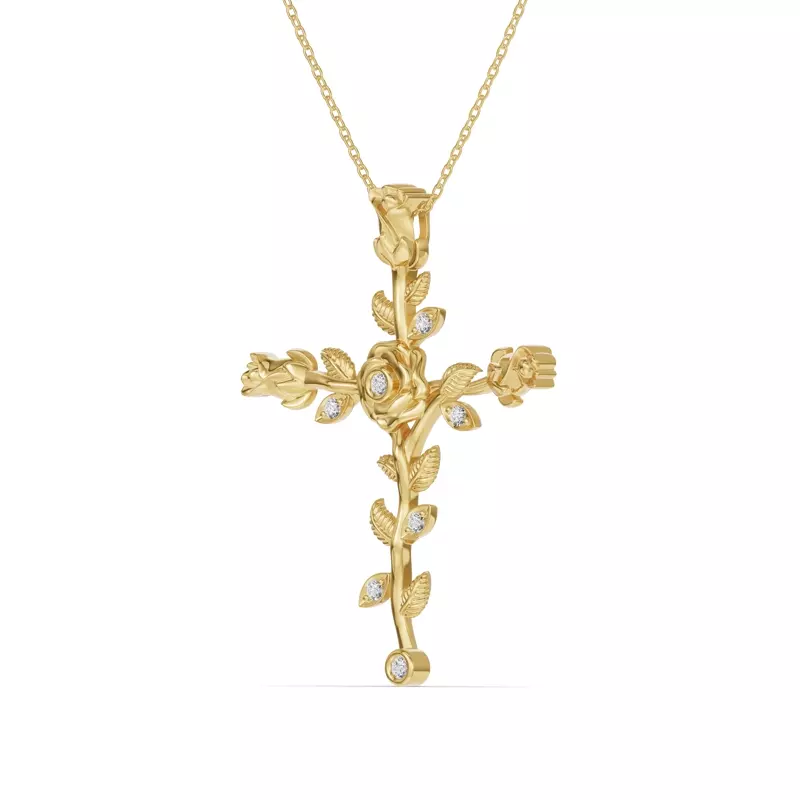 14K Yellow Gold Rosebud Cross Diamond Pendant