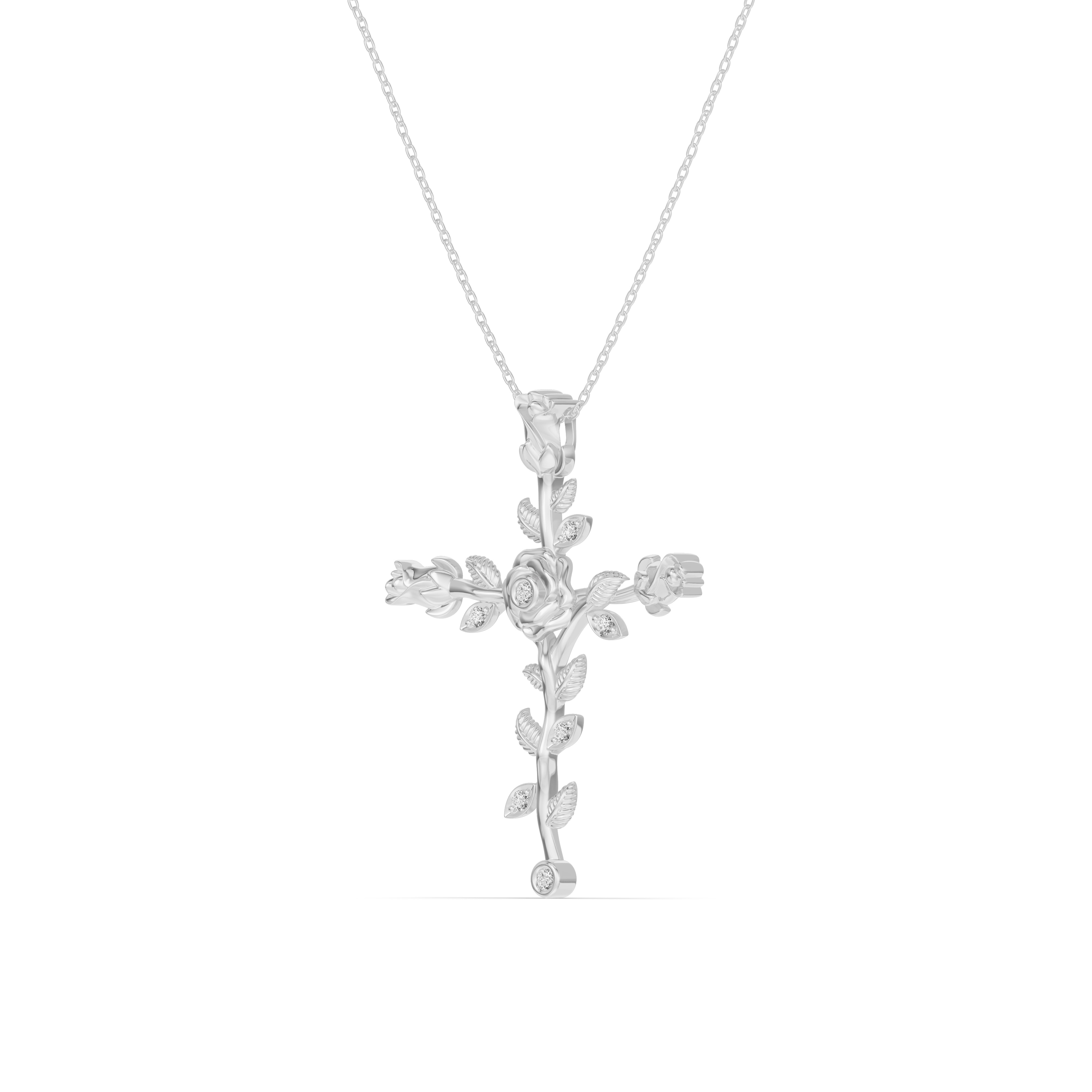 18K White Gold Rosebud Cross Lab Diamond Pendant