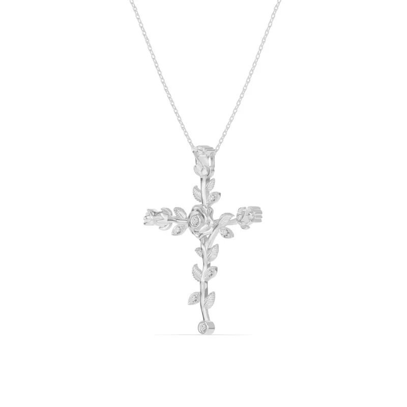 18K White Gold Rosebud Cross Diamond Pendant