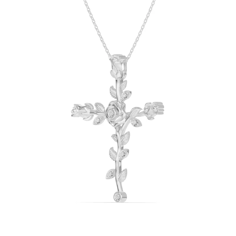 18K White Gold Rosebud Cross Diamond Pendant