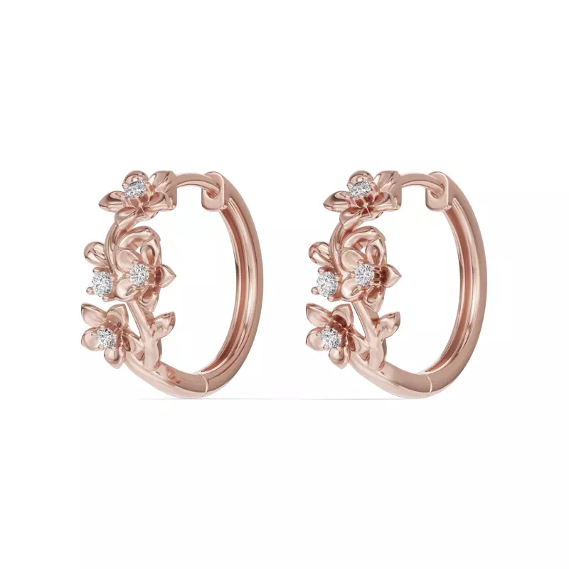 18K Rose Gold Blossom Diamond Floral Hoop Earrings