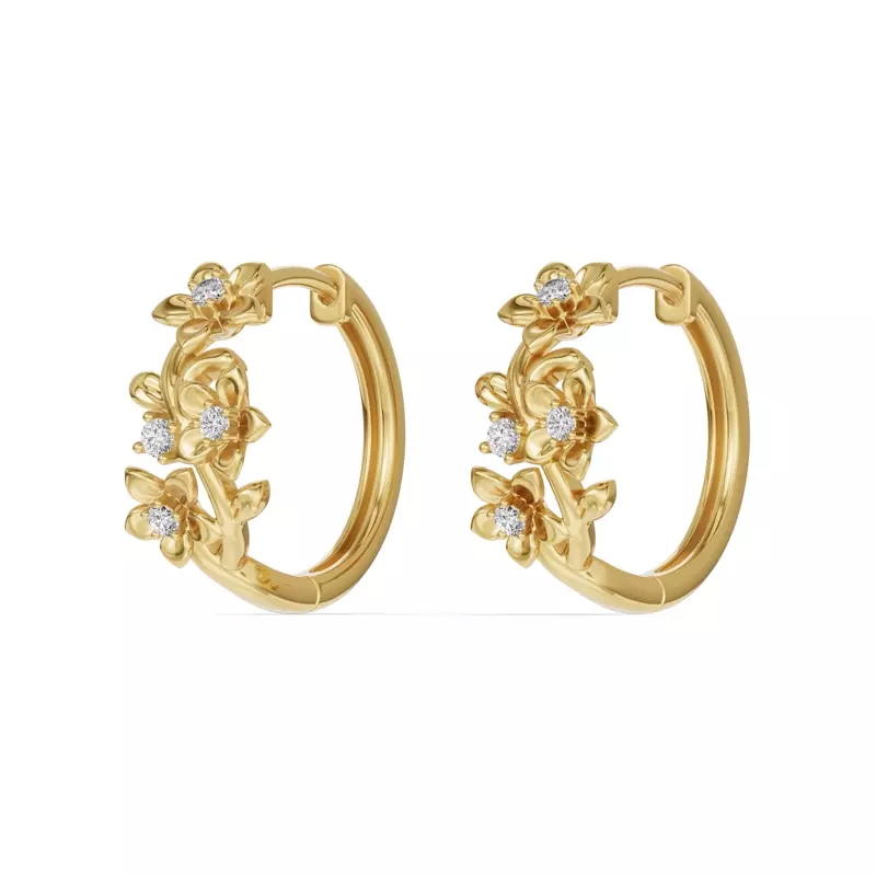 18K Yellow Gold Blossom Diamond Floral Hoop Earrings