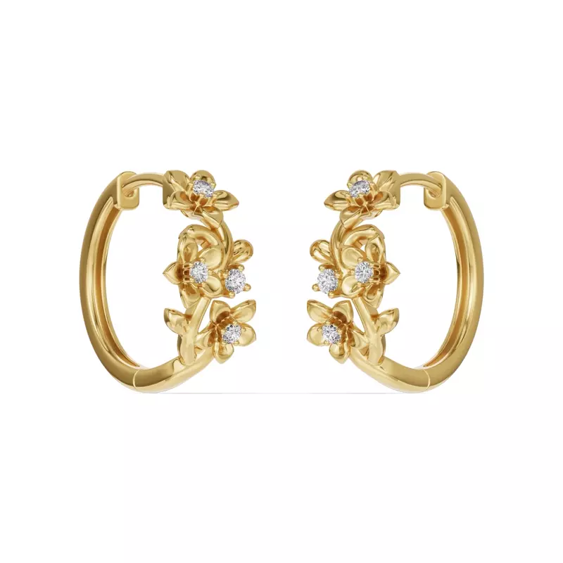 18K Yellow Gold Blossom Diamond Floral Hoop Earrings