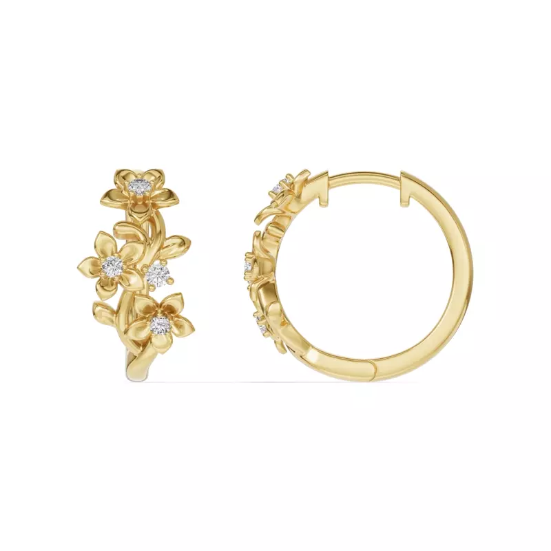 18K Yellow Gold Blossom Diamond Floral Hoop Earrings