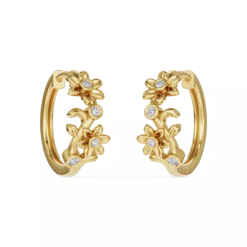 14K Yellow Gold Vine Diamond Hoop Earrings