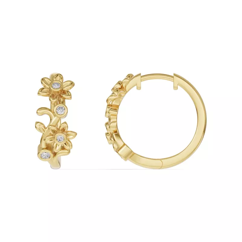 14K Yellow Gold Vine Diamond Hoop Earrings