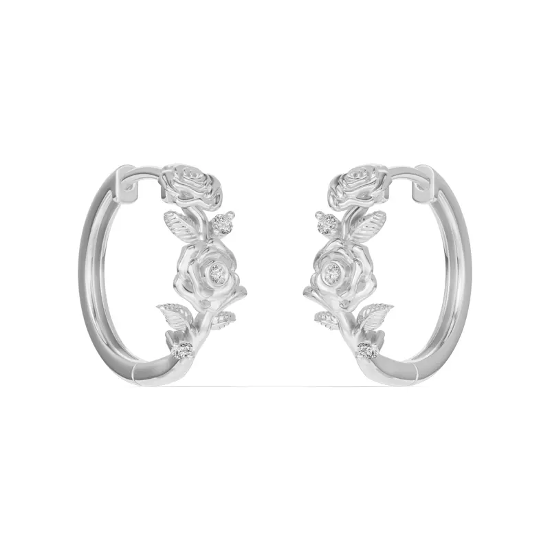 14K White Gold Rose Diamond Hoop Earrings
