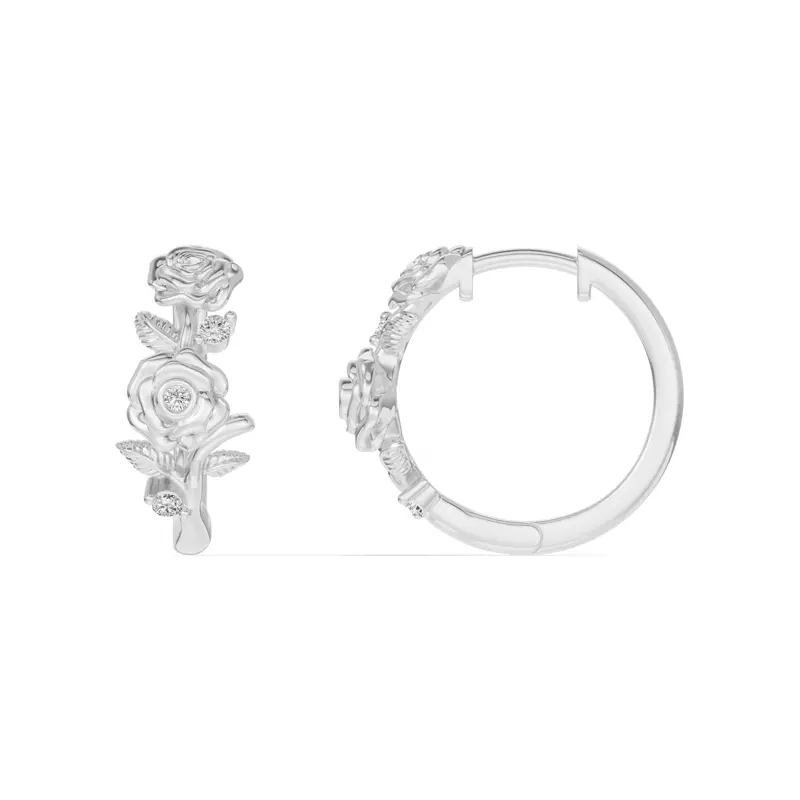 14K White Gold Rose Diamond Hoop Earrings