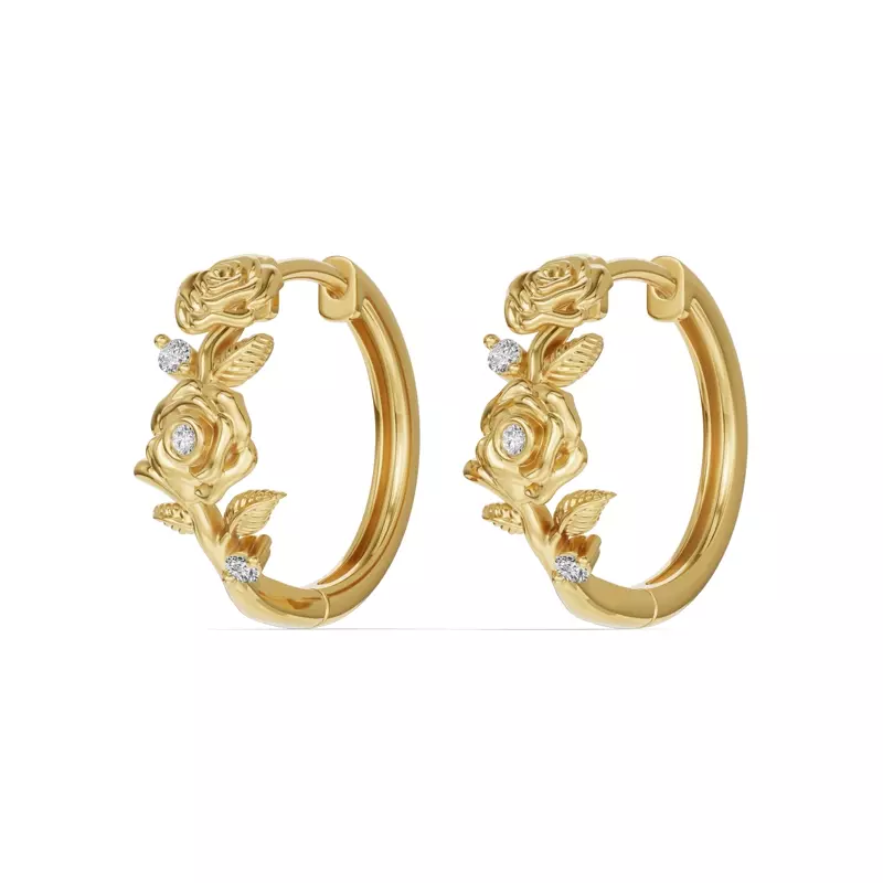 14K Yellow Gold Rose Diamond Hoop Earrings