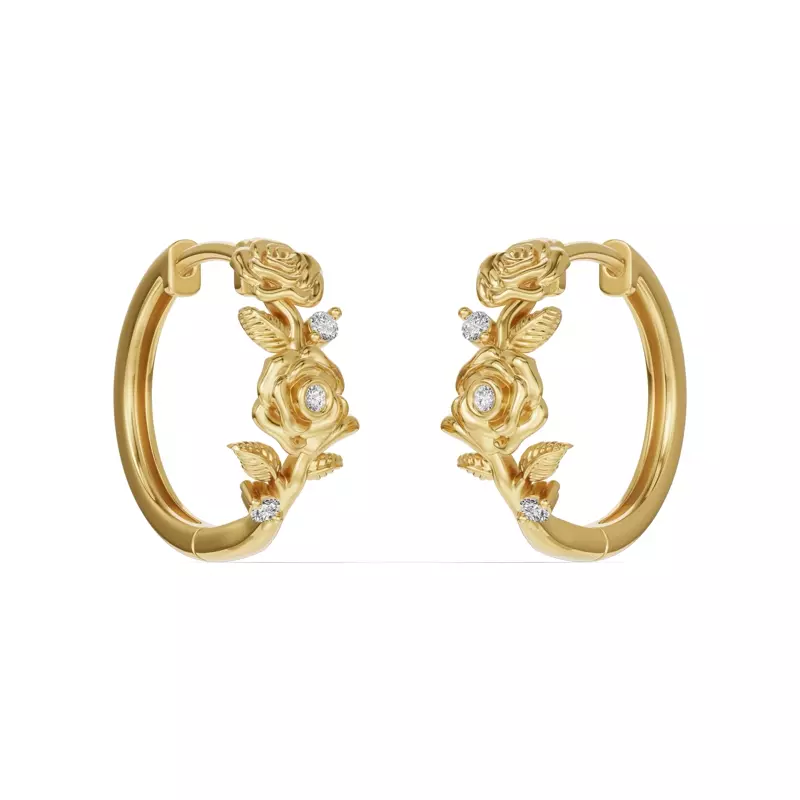 14K Yellow Gold Rose Diamond Hoop Earrings