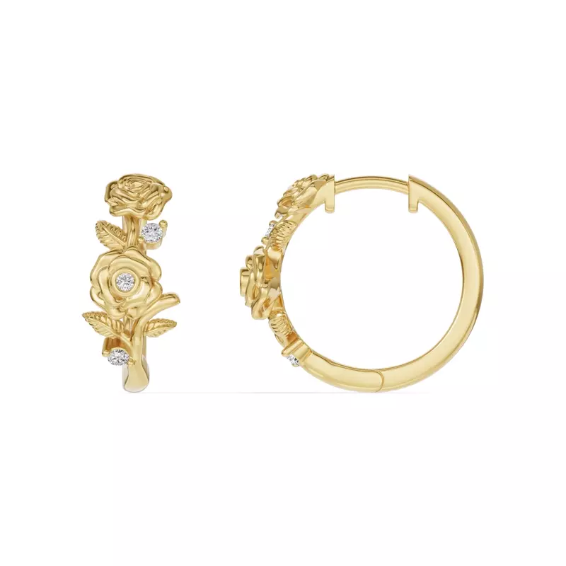 14K Yellow Gold Rose Diamond Hoop Earrings