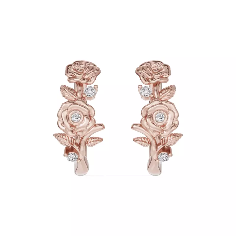 18K Rose Gold Rose Diamond Hoop Earrings