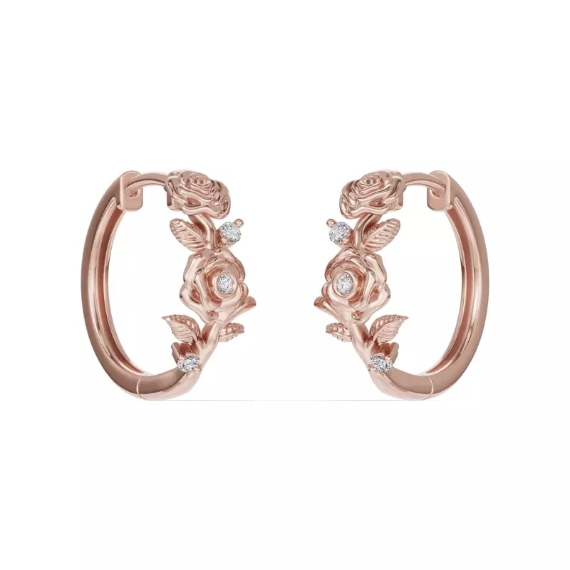 18K Rose Gold Rose Diamond Hoop Earrings