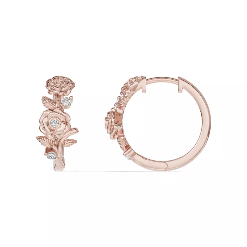 18K Rose Gold Rose Diamond Hoop Earrings