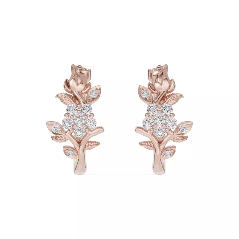 14K Rose Gold Rose Bud Diamond Hoop Earrings
