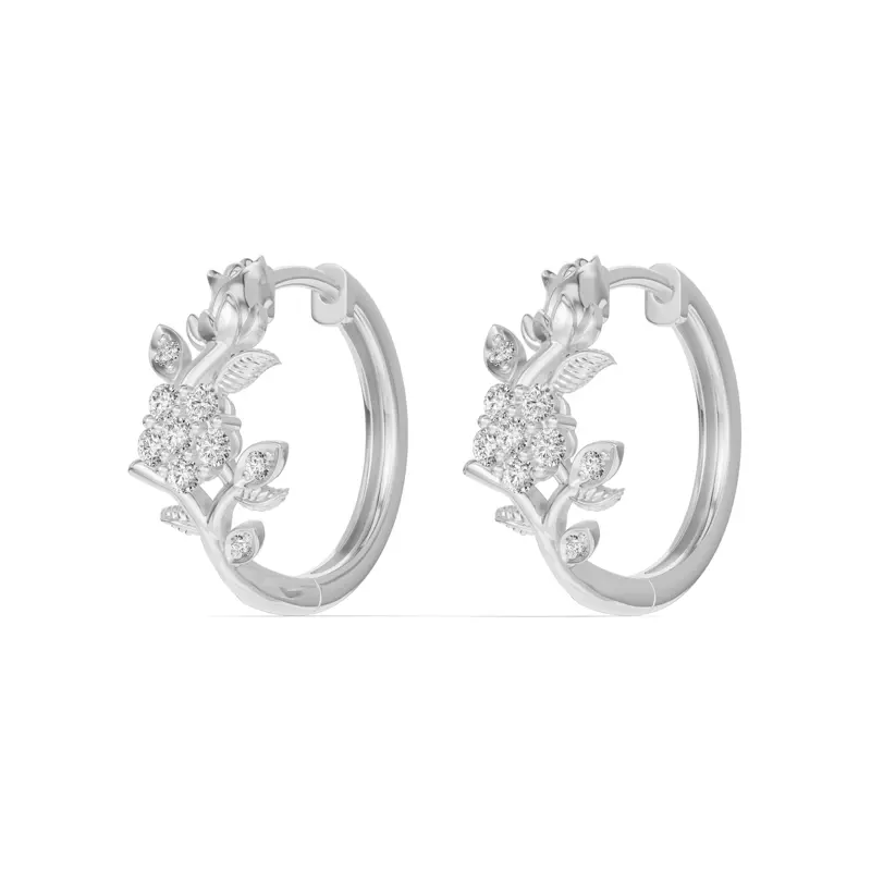 14K White Gold Rose Bud Lab Diamond Hoop Earrings