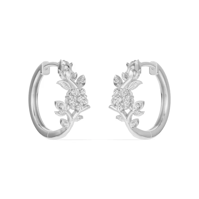 14K White Gold Rose Bud Lab Diamond Hoop Earrings