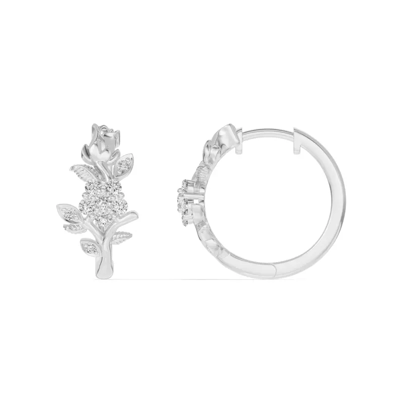 14K White Gold Rose Bud Lab Diamond Hoop Earrings