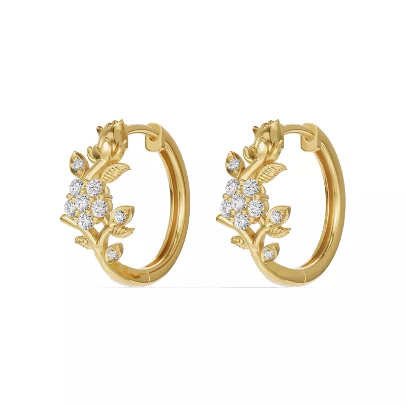 14K Yellow Gold Rose Bud Diamond Hoop Earrings