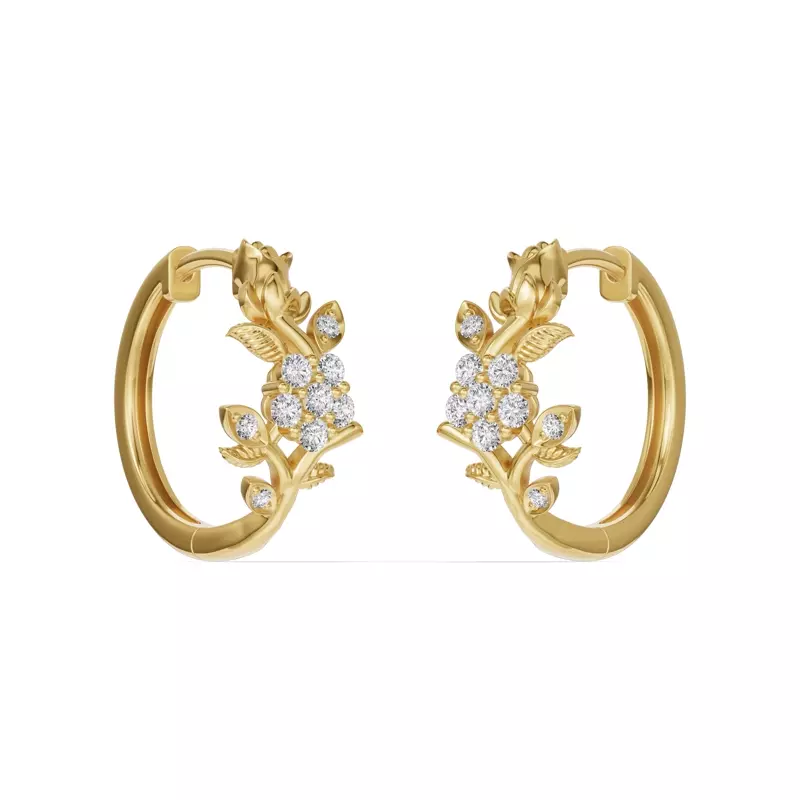 14K Yellow Gold Rose Bud Diamond Hoop Earrings