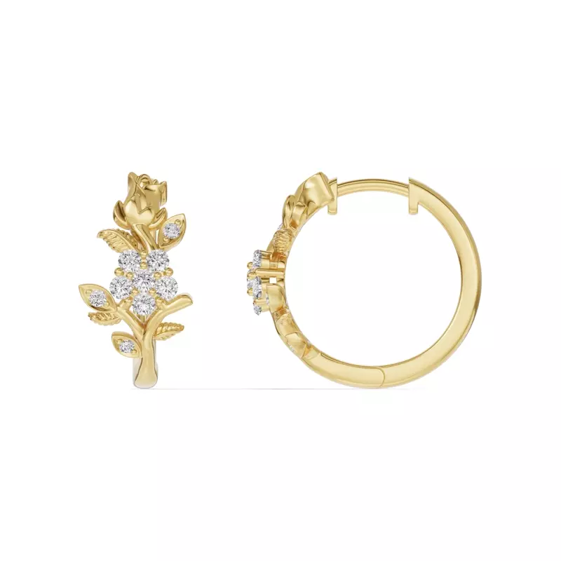 14K Yellow Gold Rose Bud Diamond Hoop Earrings