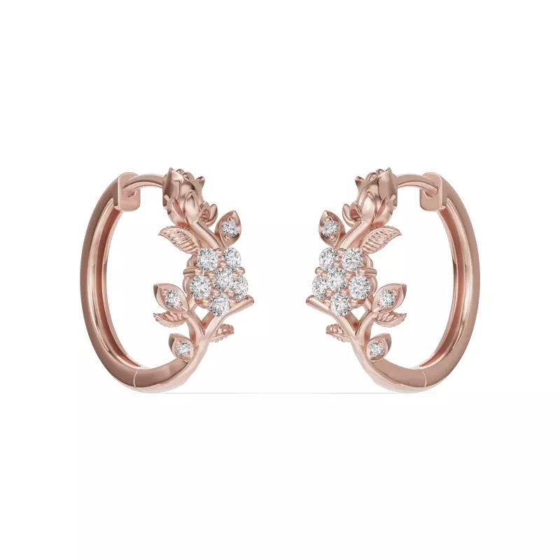 18K Rose Gold Rose Bud Diamond Hoop Earrings