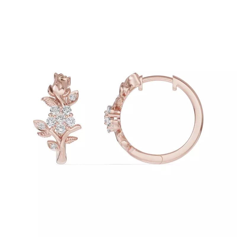 18K Rose Gold Rose Bud Diamond Hoop Earrings
